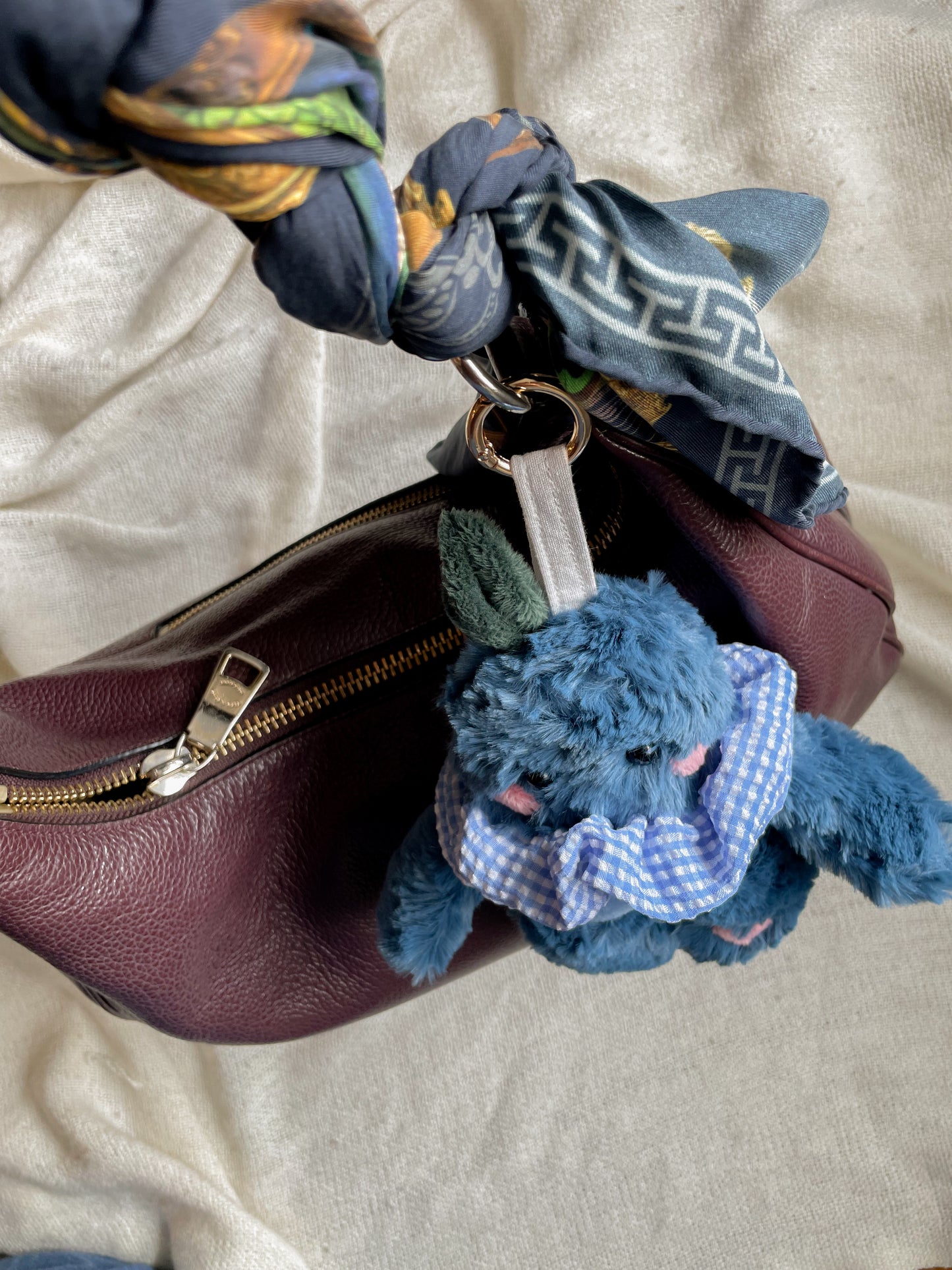 Blueberry Tater Tot bag charm with scrunchie collar