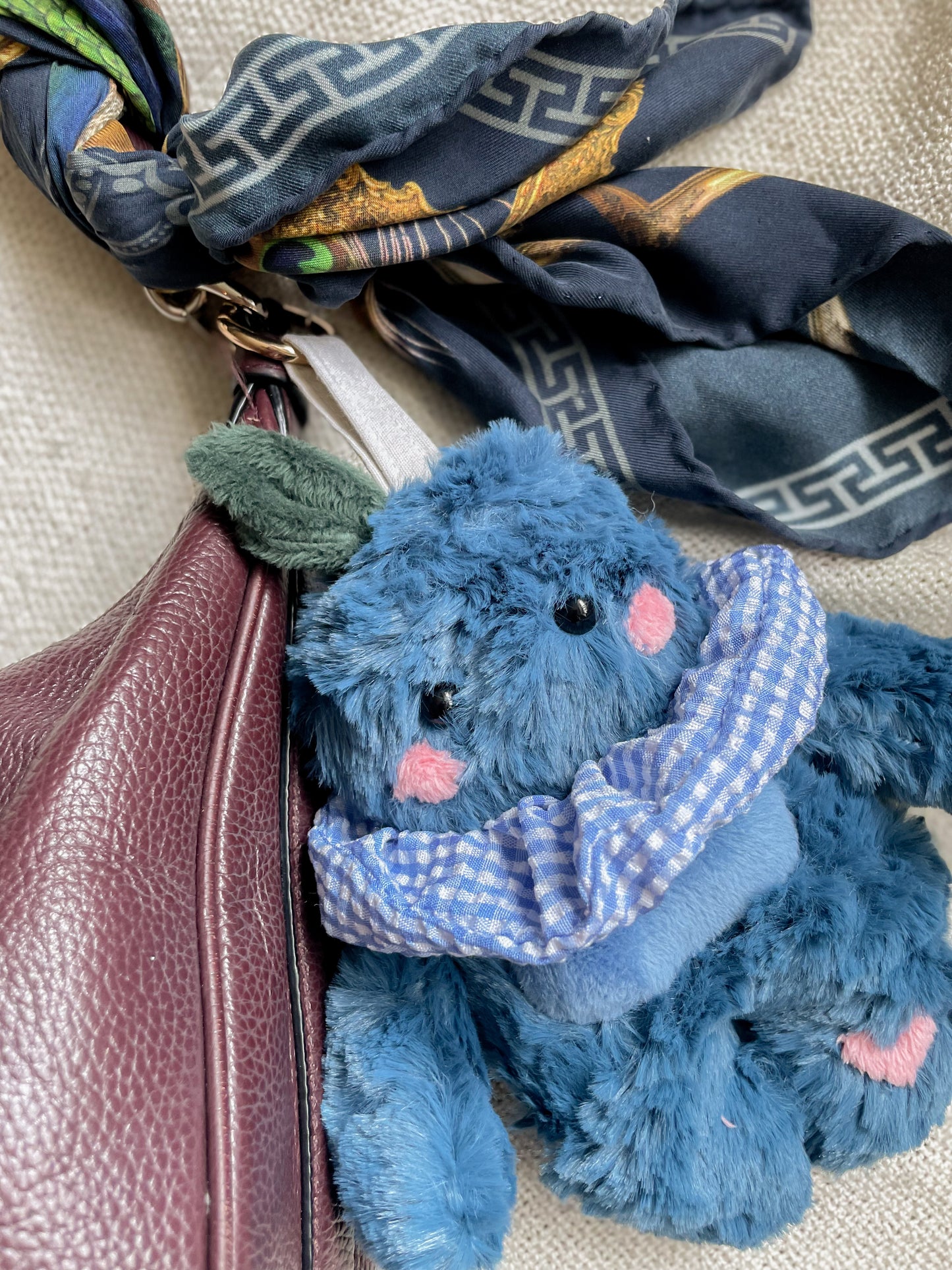 Blueberry Tater Tot bag charm with scrunchie collar