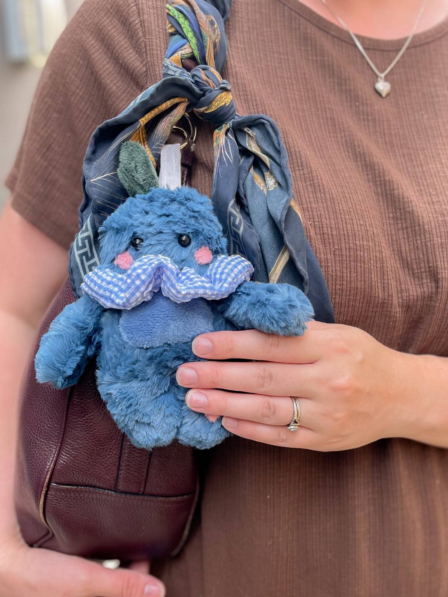Blueberry Tater Tot bag charm with scrunchie collar