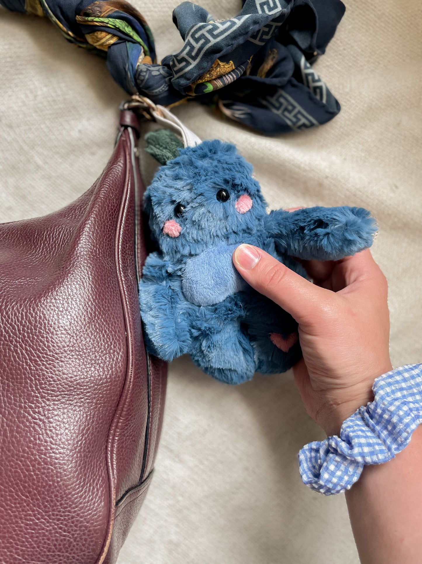Blueberry Tater Tot bag charm with scrunchie collar