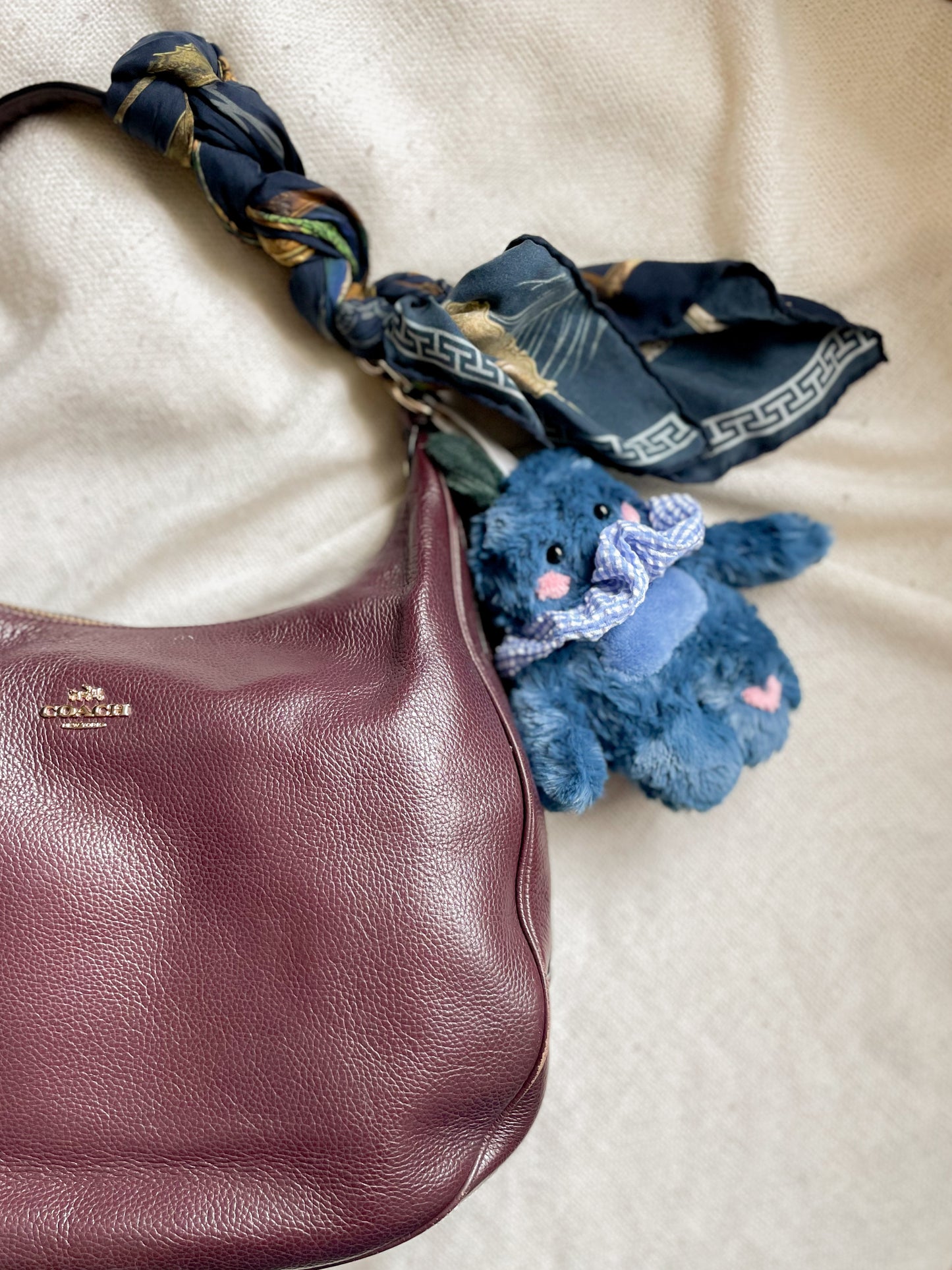 Blueberry Tater Tot bag charm with scrunchie collar