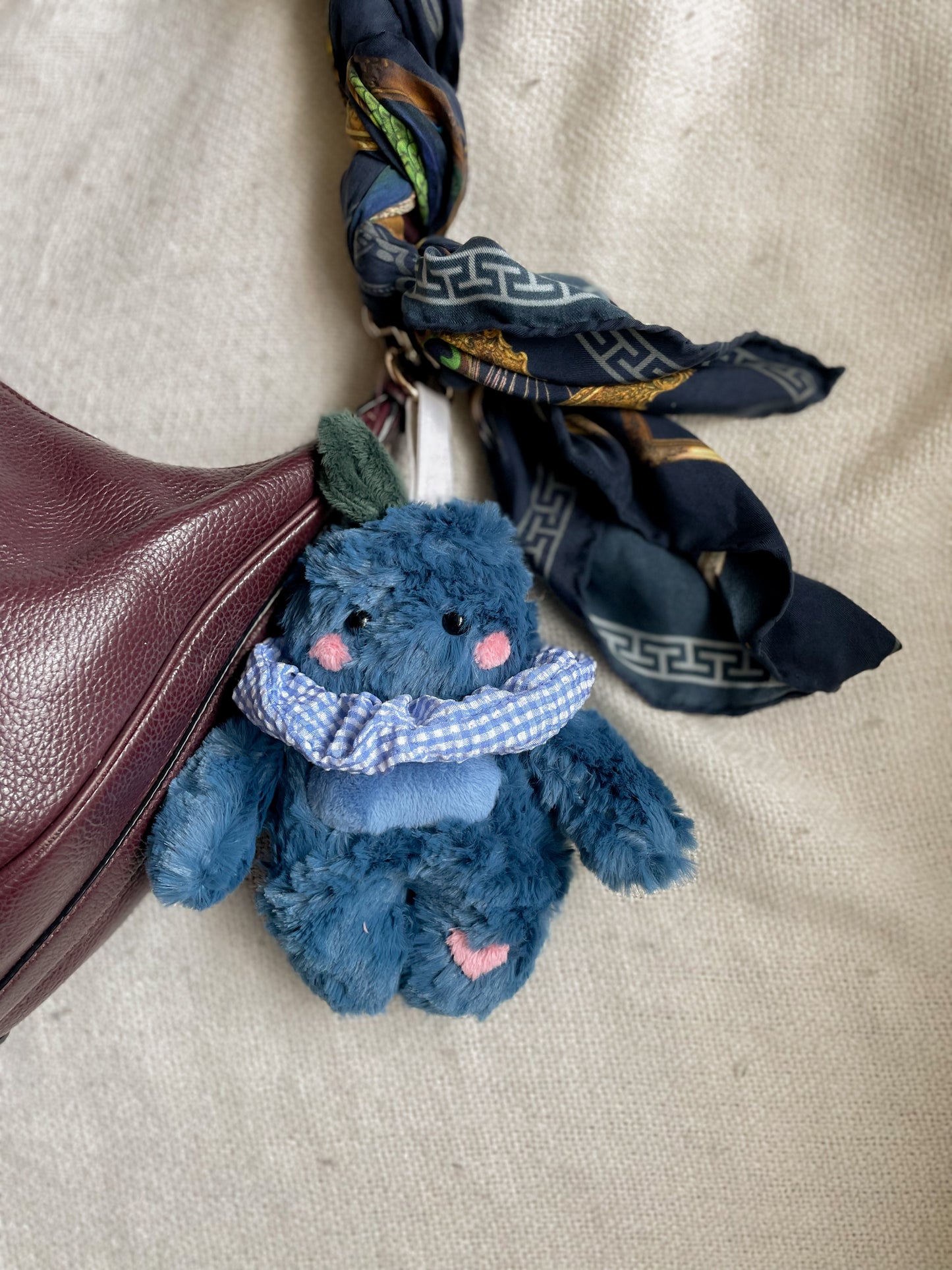 Blueberry Tater Tot bag charm with scrunchie collar